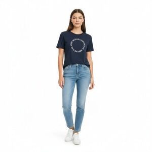 Michael Kors T-Shirt Womens Navy Blue Circle Logo Graphic Casual Chic Size XL